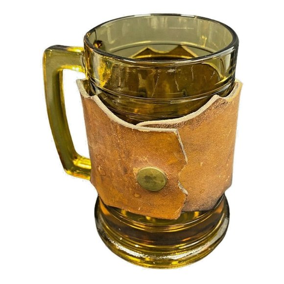 Vintage Amber Glass Mug Leather Snap Cover Wrap J - Picture 9 of 10